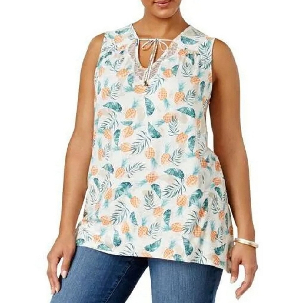 Style & Co Sleeveless Lace Trim Tie Front Top - Pineapples